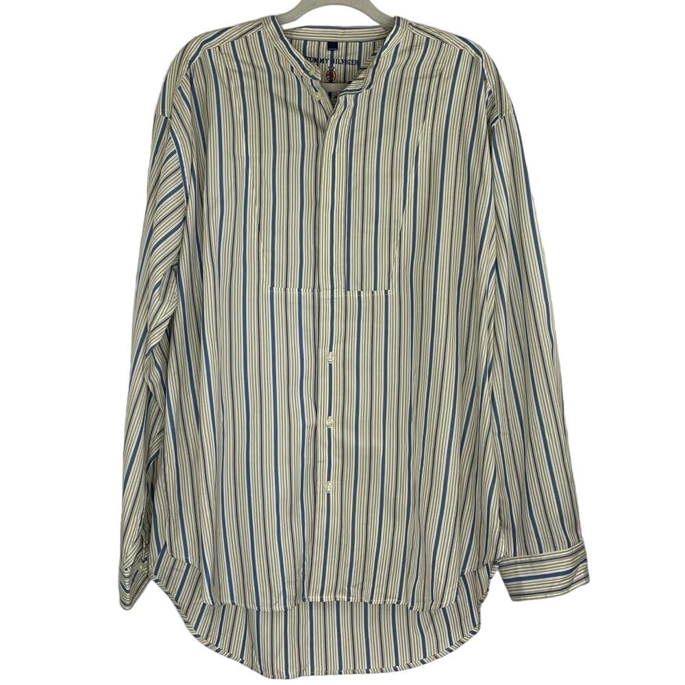 Tommy Hilfiger stripped collarless button up Long Sleeve men's shirt size XL